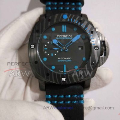 Perfect Replica Panerai Luminor Submersible PAM 00960 Black Carbon Fiber Case Blue Leather 47mm Watch